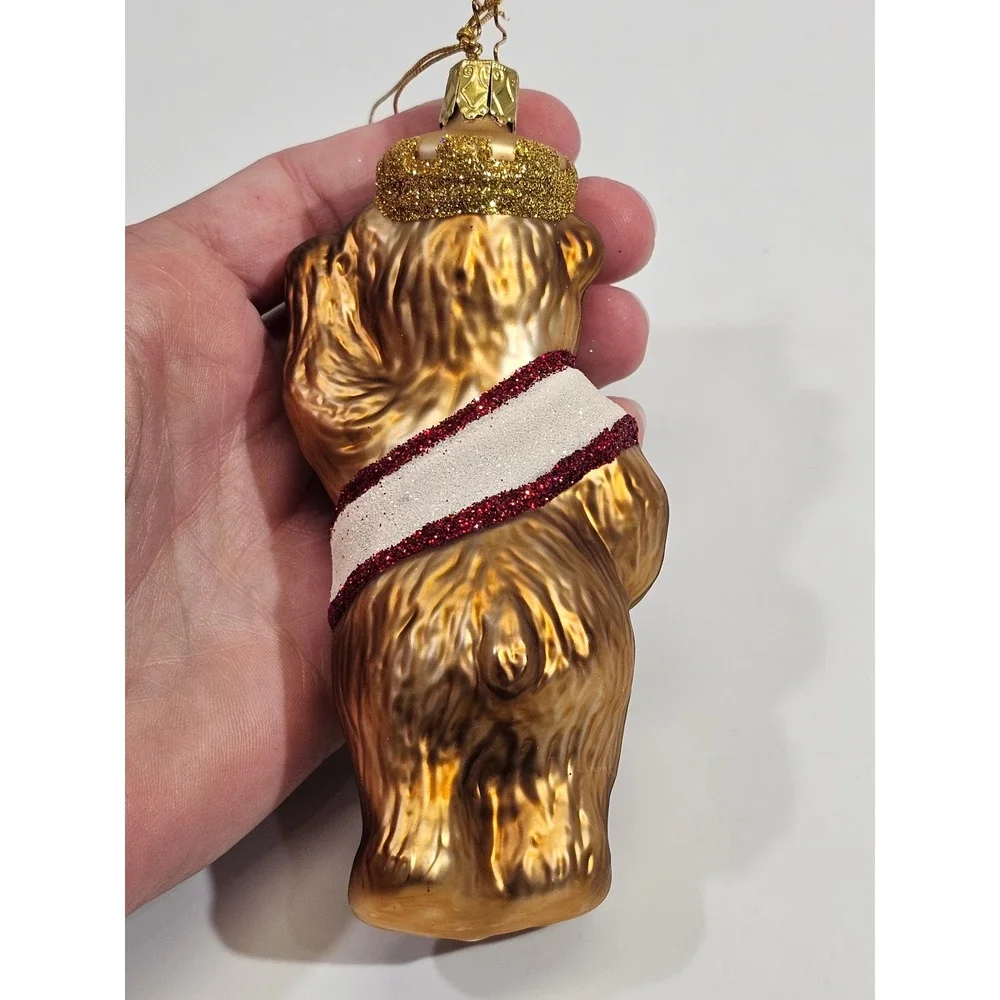 Inge-Glas Berlin Bear Glass Christmas Ornament Gold Glitter Sash Germany NEW